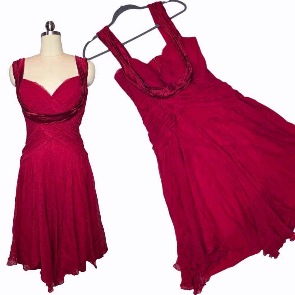 Tadashi Shoji Silk Chiffon Dress 14 Red Sweetheart Midi Vintage Formal Cocktail
